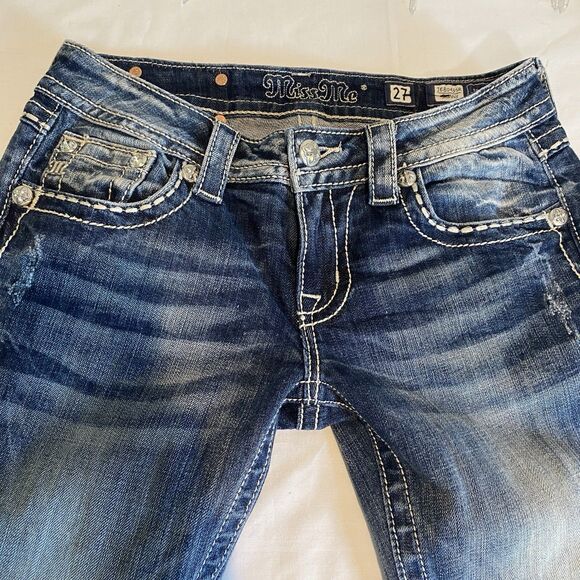 Miss Me jeans sz 27 distressed skinny whiskered embroidered cross rhinestones - Picture 4 of 10